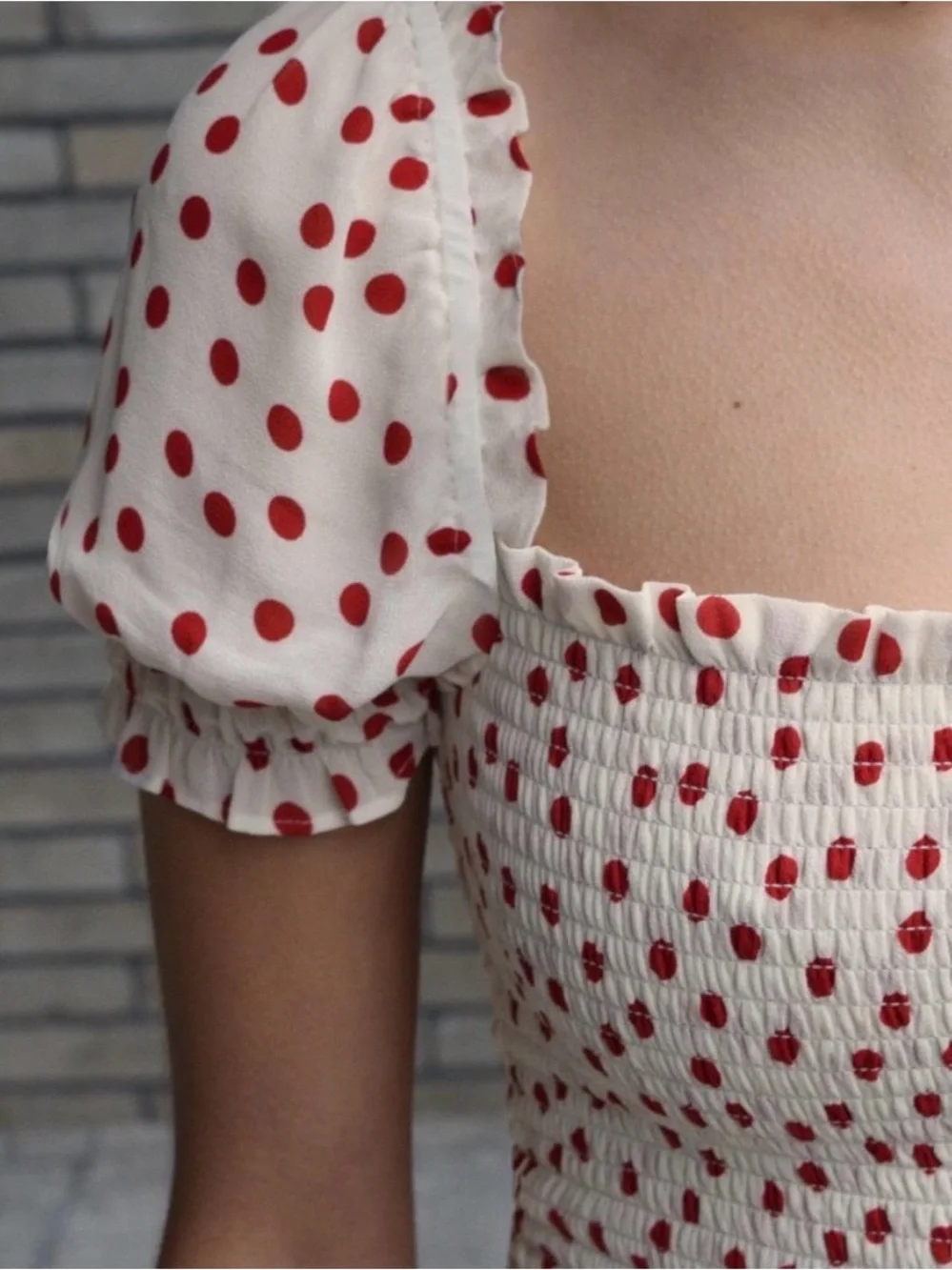 Reformation Cream Midi Dress with Red Polka Dots - Picture 3 of 11